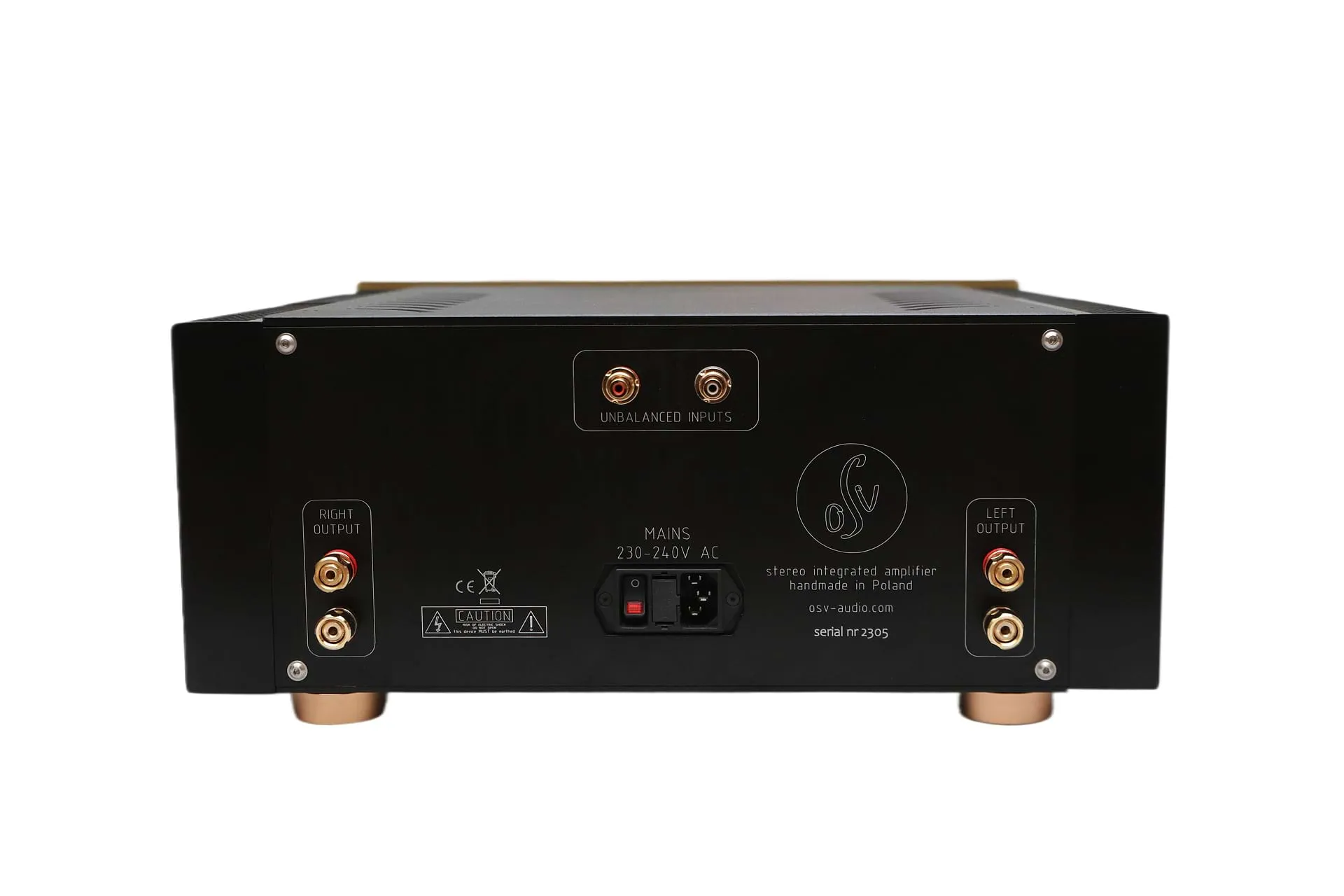 HT-120 rear panel with unbalanced RCA inputs, speaker terminals and mains inlet