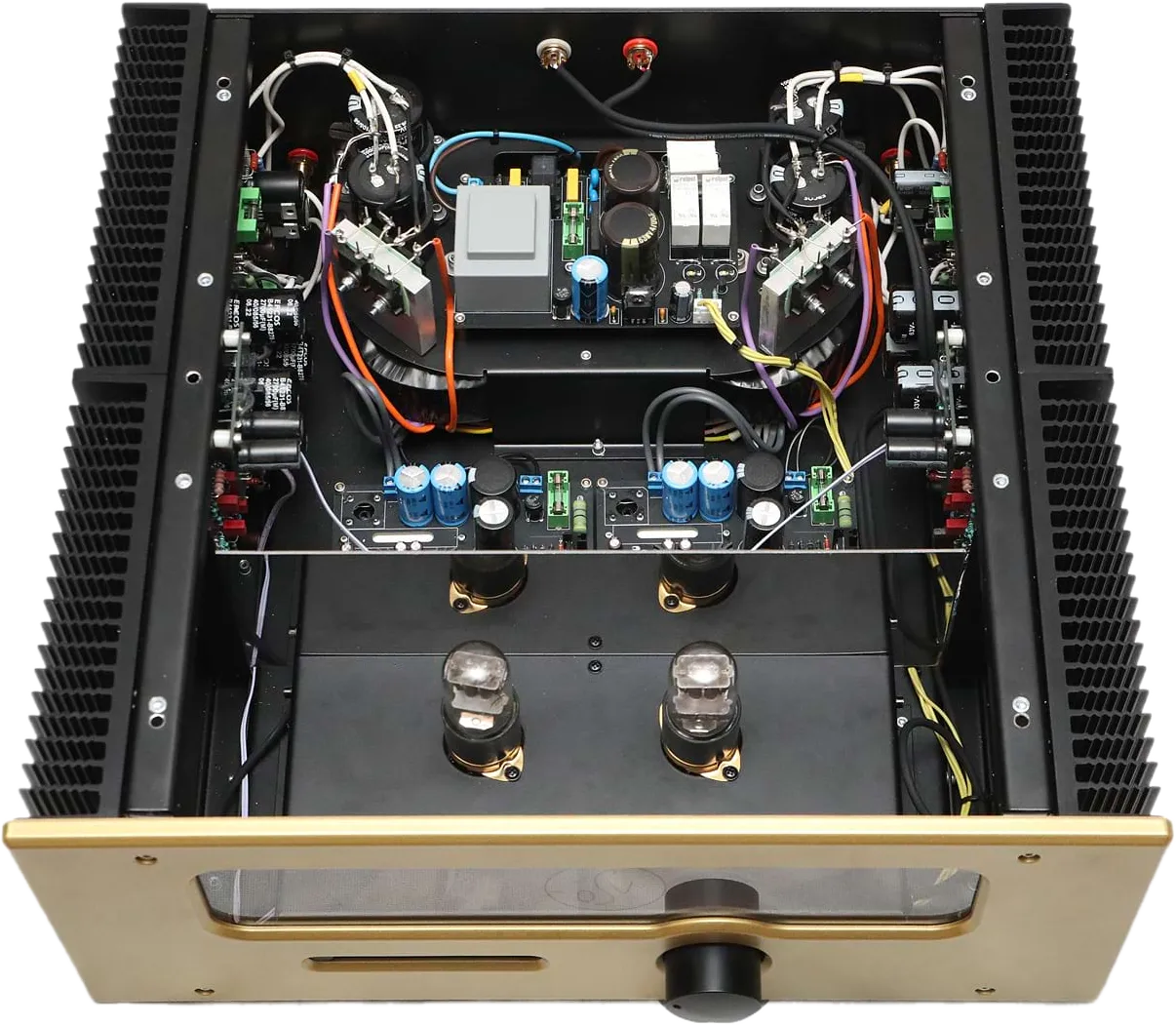 The HT-120 with its cover removed, both power sections and the tube stage visible