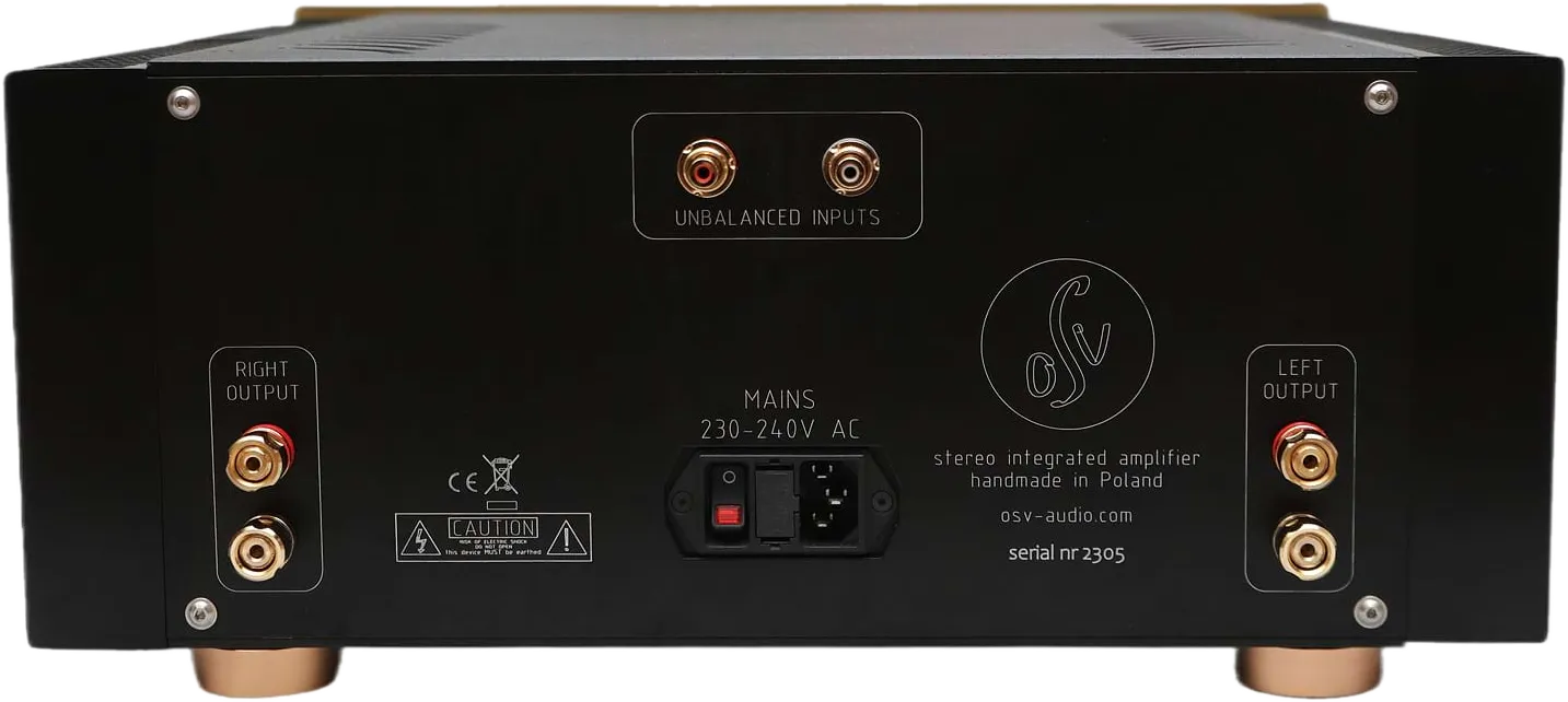 The HT-120 rear panel: unbalanced RCA inputs, gold plated speaker terminals, the mains inlet and the serial number